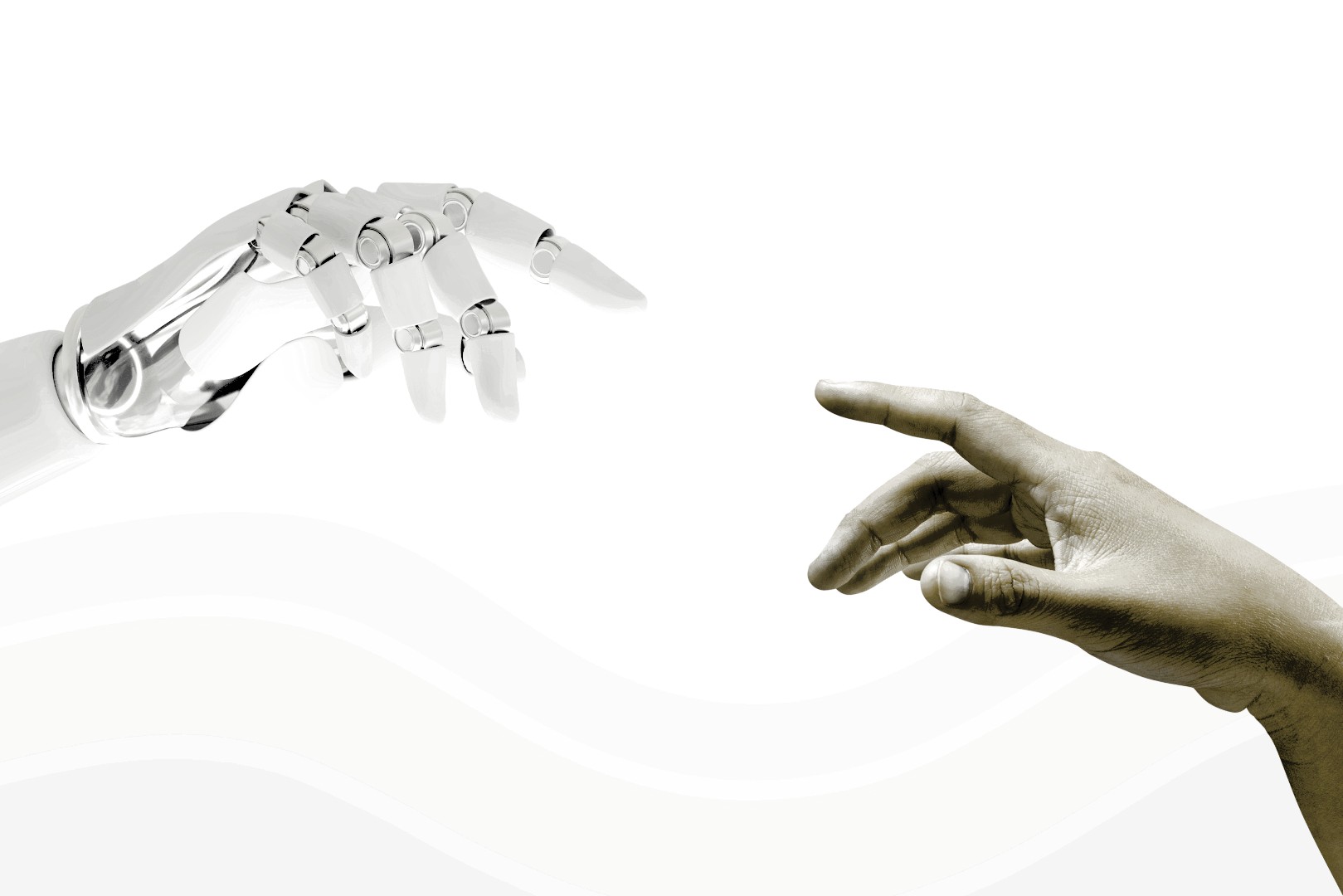 Automatische Kundengewinnung COMPANY CORE: Roboterhand berührt menschliche Hand - KI trifft Mensch