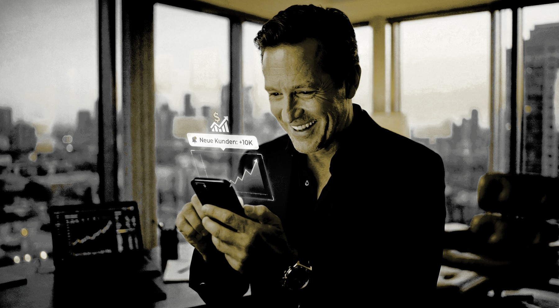 COMPANY CORE System Justin Peter Erfolg Geschäftsmann schaut begeistert aufs Handy moderne Kundengewinnung