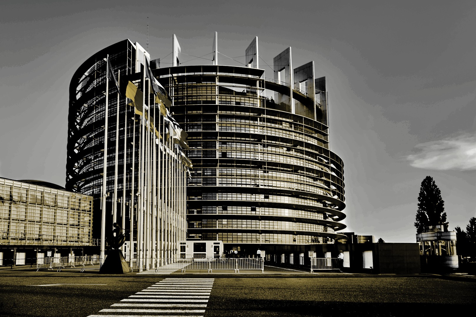 Europäische Interessenvereinigungen: EU-Parlament Straßburg mit moderner Glasfassade und Flaggenreihe