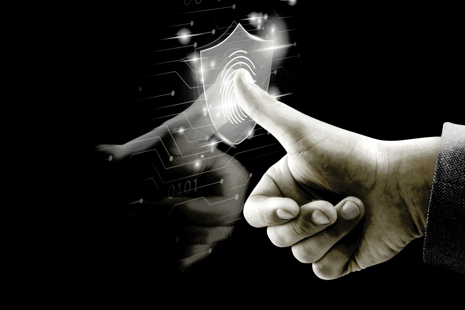 EWIV Betrug 2025: Hand greift nach digitaler Sicherheitstechnologie mit Fingerabdruck-Scanner