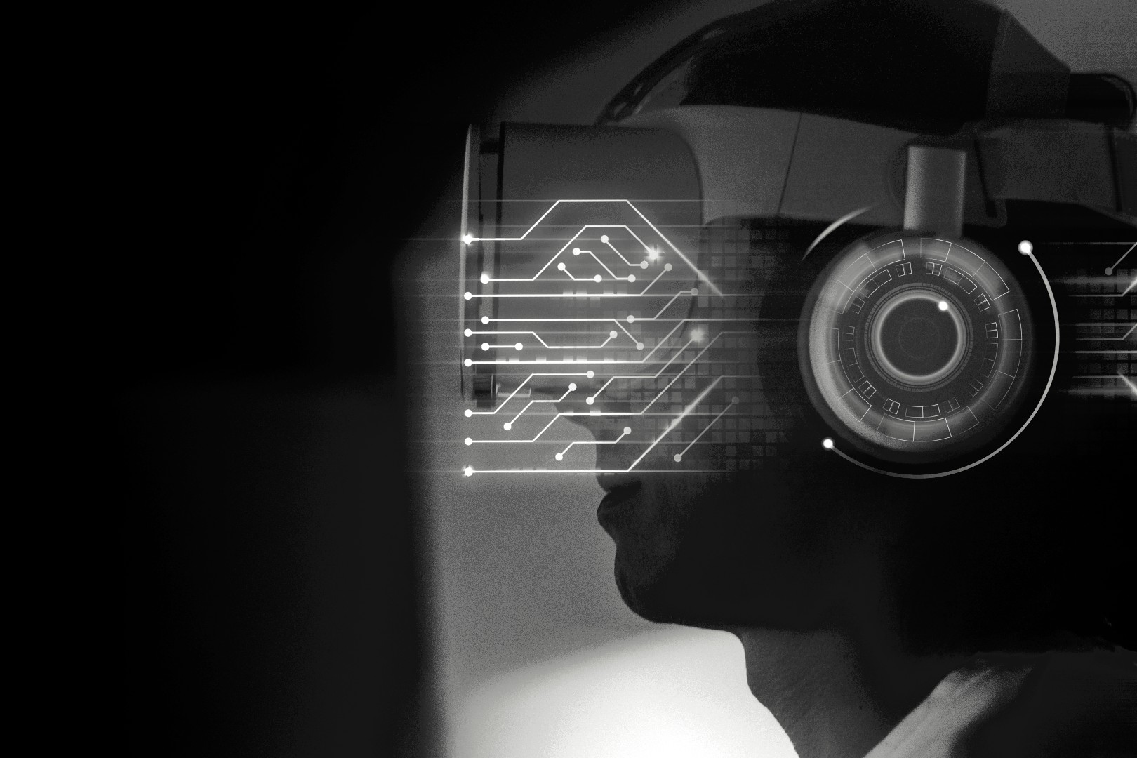 KI-Assistenten 2026 Realität: VR-Brille mit digitalen Schaltkreisen zeigt Tech-Zukunft zwischen Hoffnung