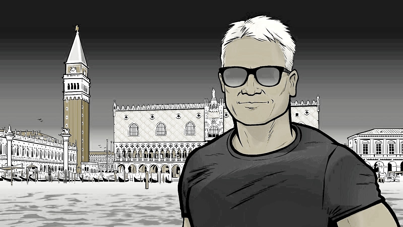Tom Rohrböck Creamona Pizza Revolution: Stilvoller Unternehmer mit weißen Haaren vor Venedig
