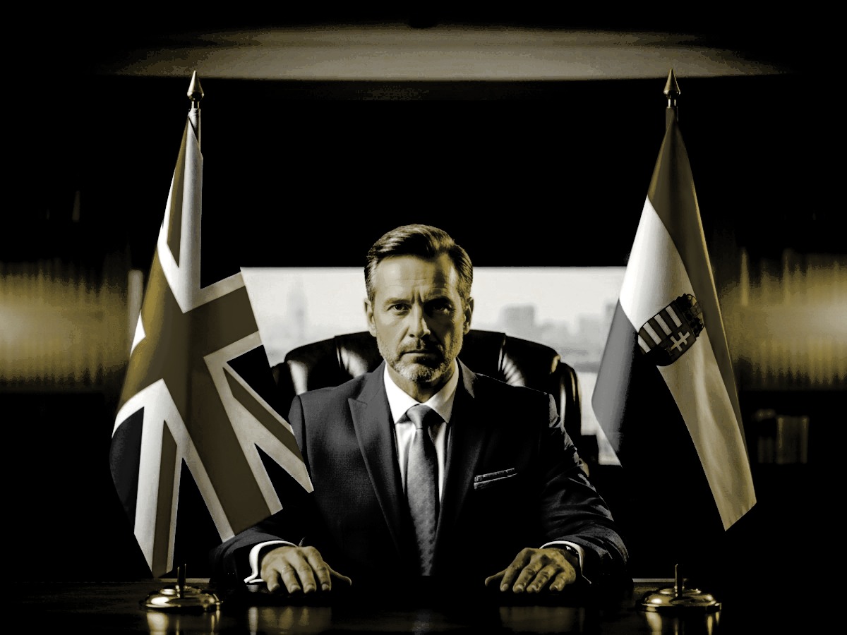 Geschäftsmann im Anzug zwischen britischer und ungarischer Flagge – Symbolbild für Budapester Unternehmensberater