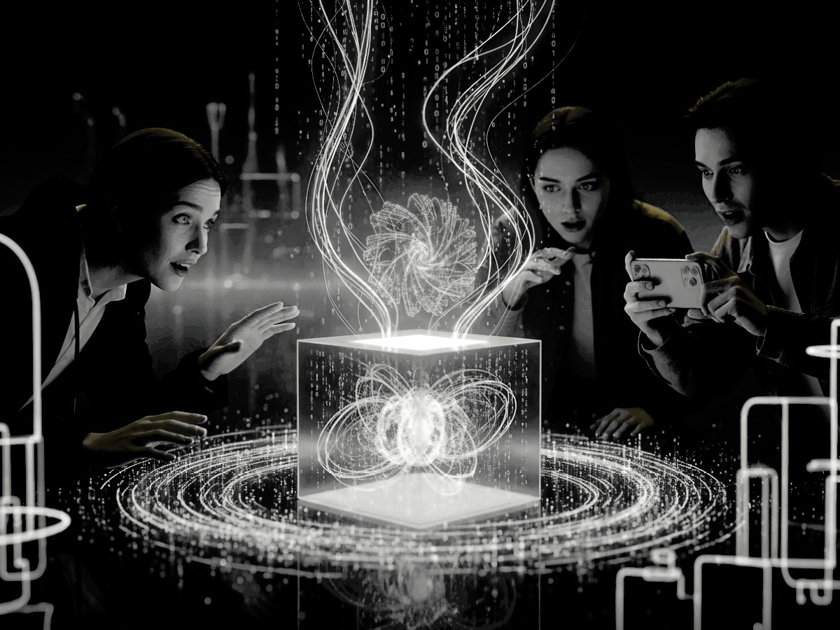 Drei junge Menschen betrachten holografische Finanzvisualisierung – Symbolbild für Pandora Digital