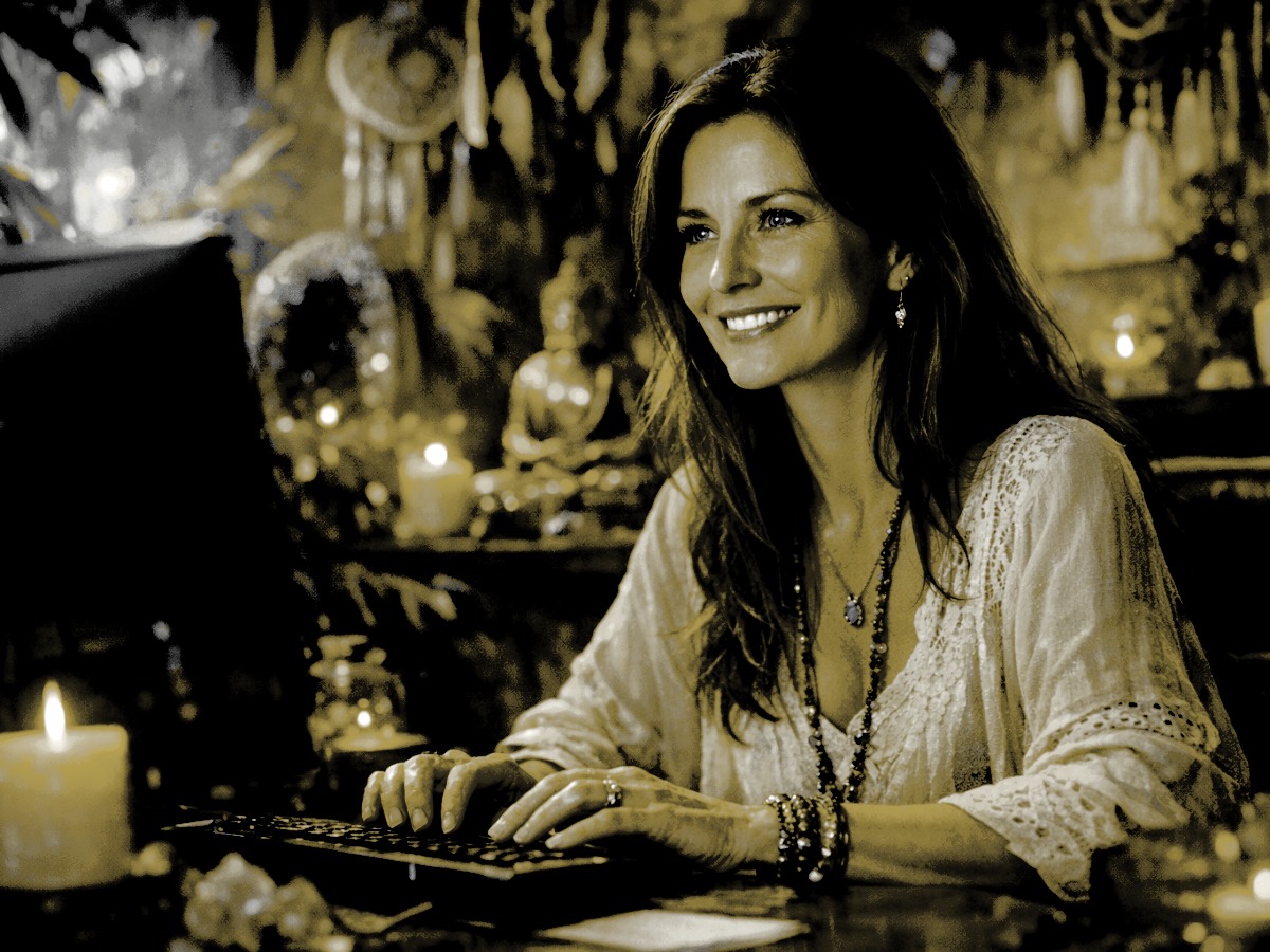 Spirituelle Frau am Laptop in grünem Büro – Symbolbild für Finanzlösungen für spirituelle Menschen
